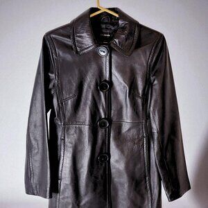 Colebrook Essentials Black Leather Snap Coat Women’s Small Long Trench Jacket